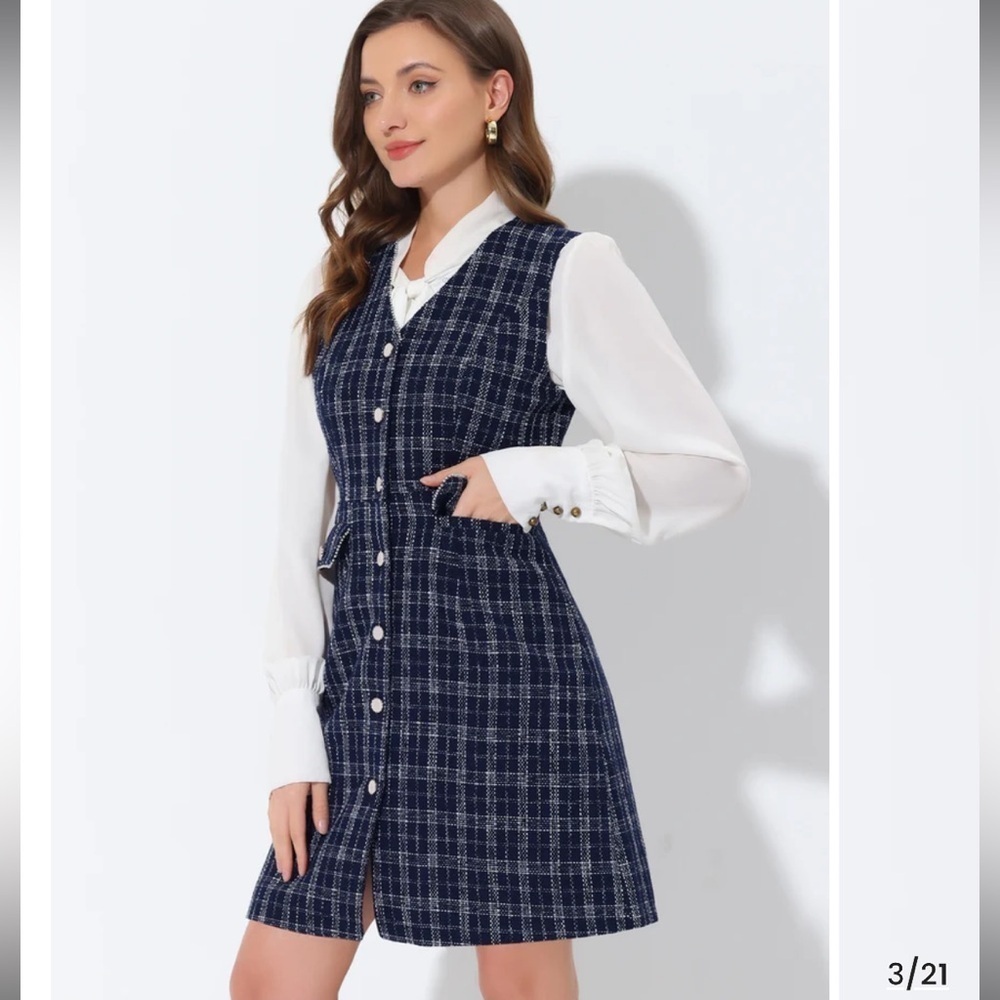 V Neck Button Down Pockets Vintage Sleeveless Plaid Tweed Dress